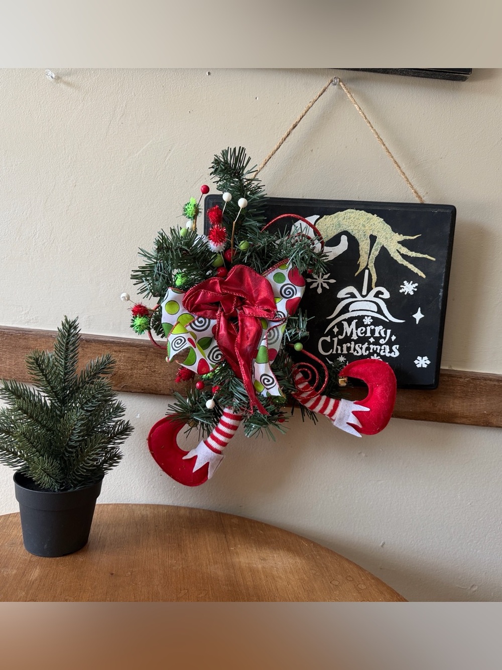Whimsical grinch elf Christmas wall art with Ribbon